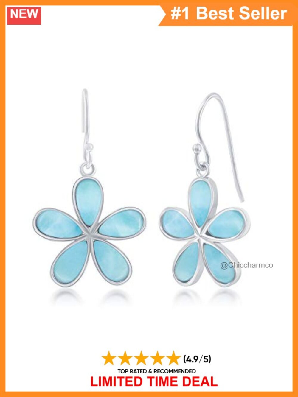 Larimar Flower Dangle Earrings 925 Sterling Silver Hypoallergenic